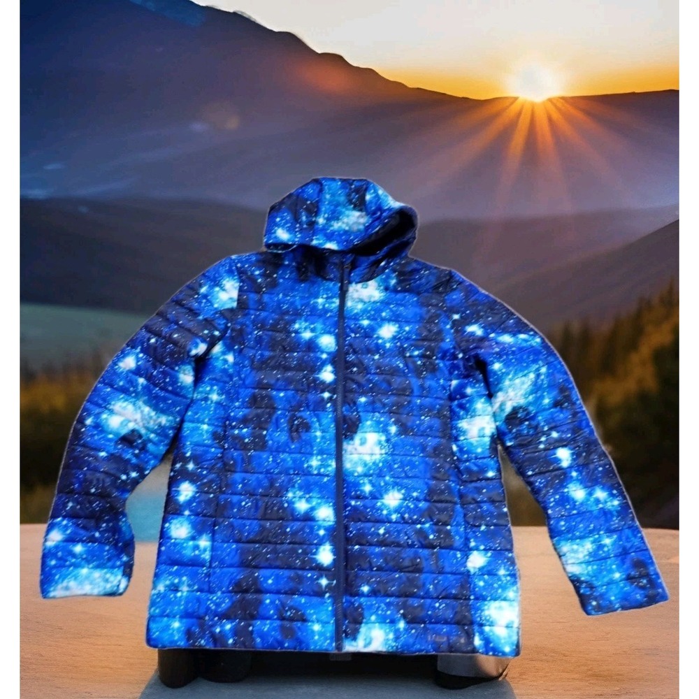 Lands' End Puffer‎ Jacket Girls XXL Blue Galaxy Space Print Excellent PrimaLoft